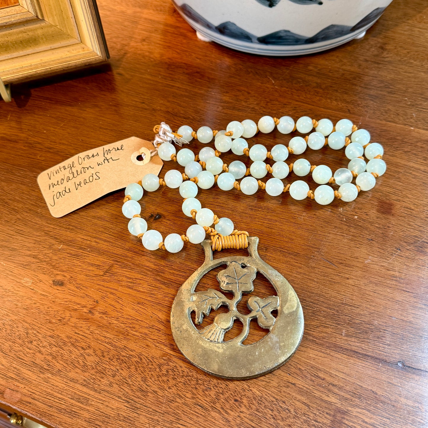 Antique English Horse Brass Thistle Medallion and Jade Beaded Hand Knotted Necklace