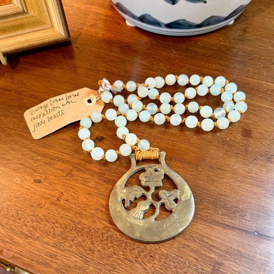 Antique English Horse Brass Thistle Medallion and Jade Beaded Hand Knotted Necklace