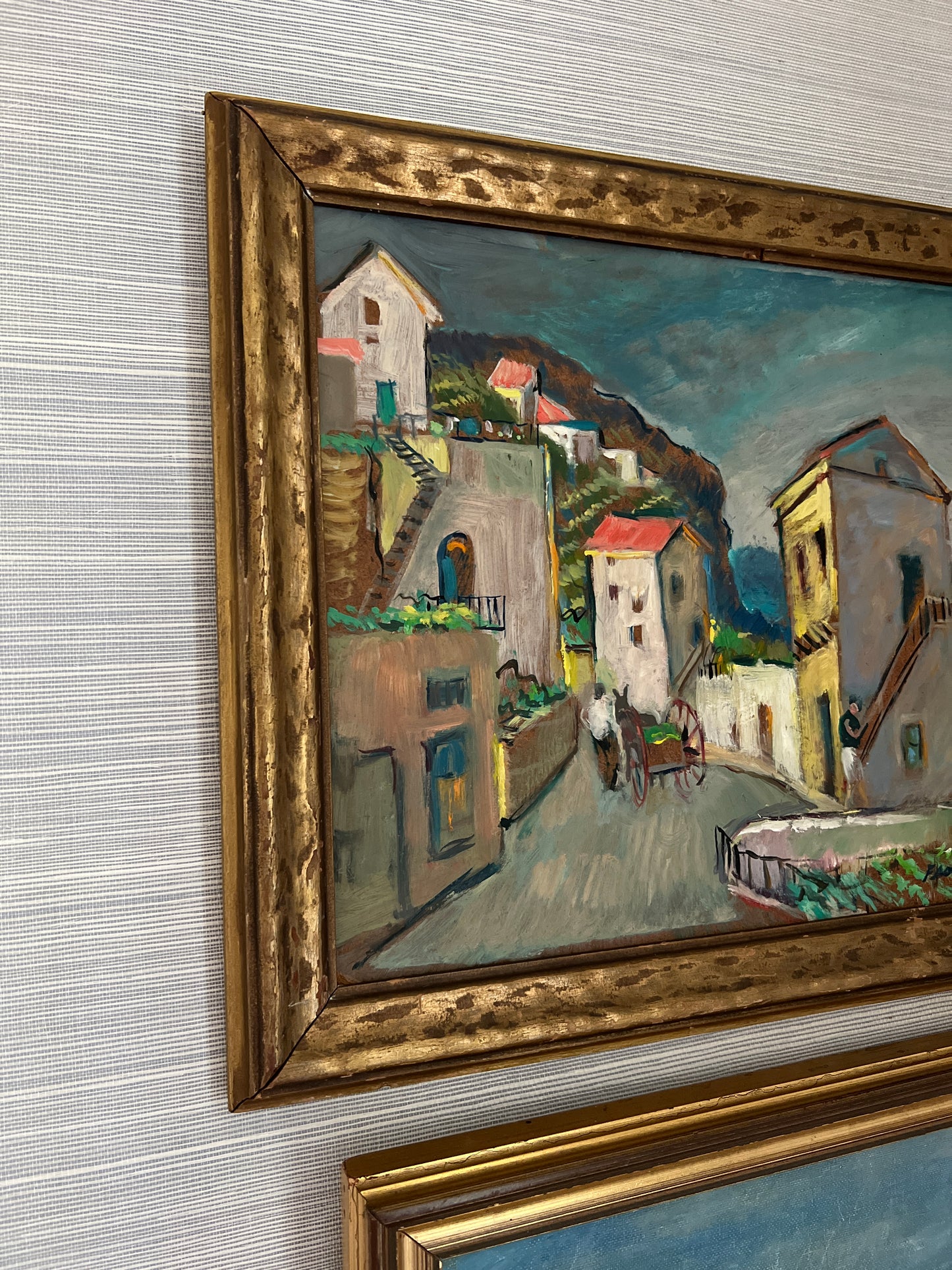 Frank Stanley Herring (American, 1894-1966) Colorful Coastal Village Oil Painting in Gold Frame