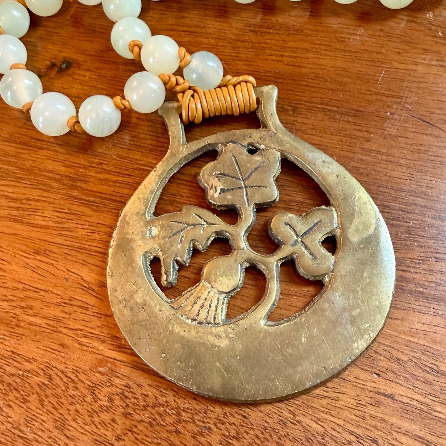 Antique English Horse Brass Thistle Medallion and Jade Beaded Hand Knotted Necklace