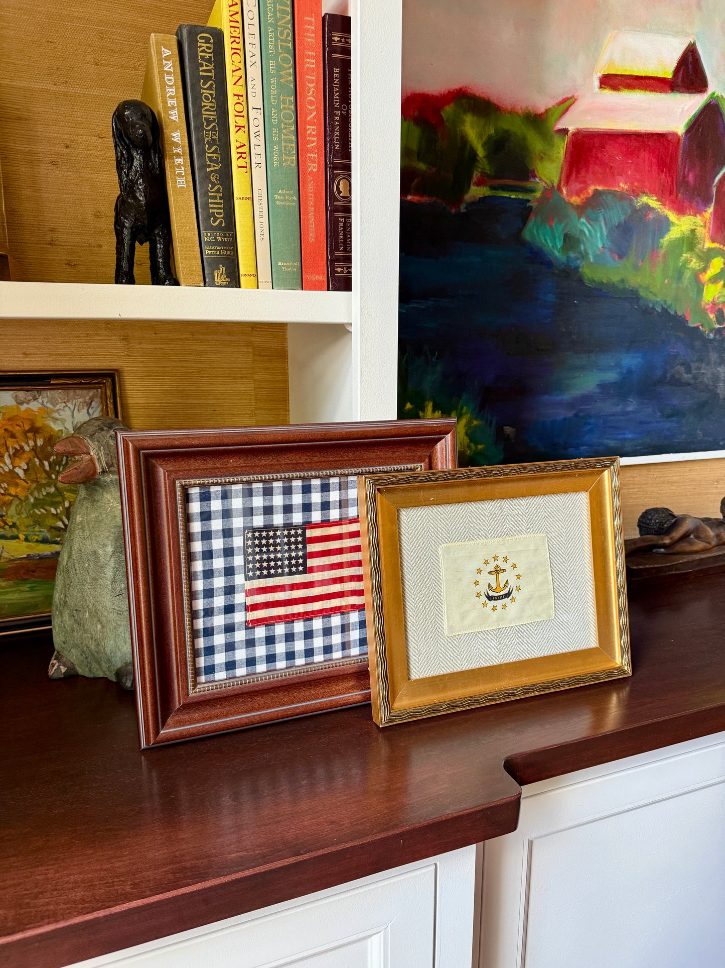 Vintage State of Rhode Island Parade Flag on Tan Herringbone in Wavy Gold Frame