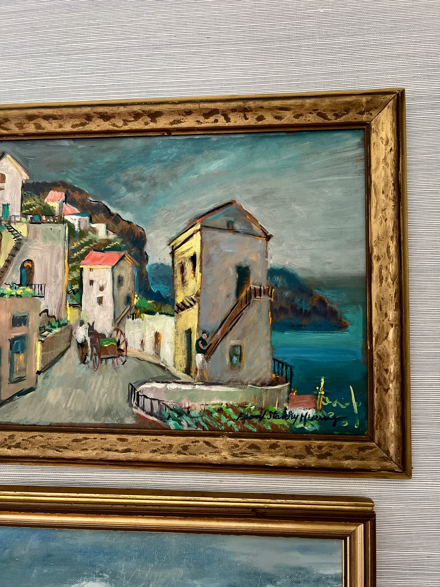 Frank Stanley Herring (American, 1894-1966) Colorful Coastal Village Oil Painting in Gold Frame