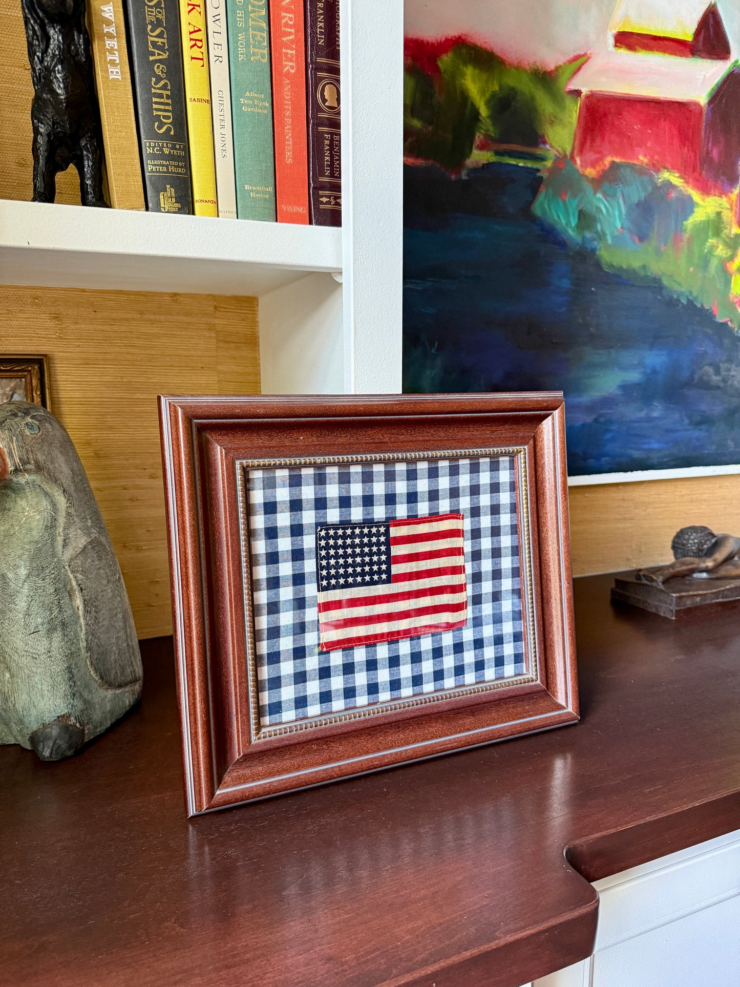 48 Star American Parade Flag on Navy Blue Gingham in Wood Beaded Frame