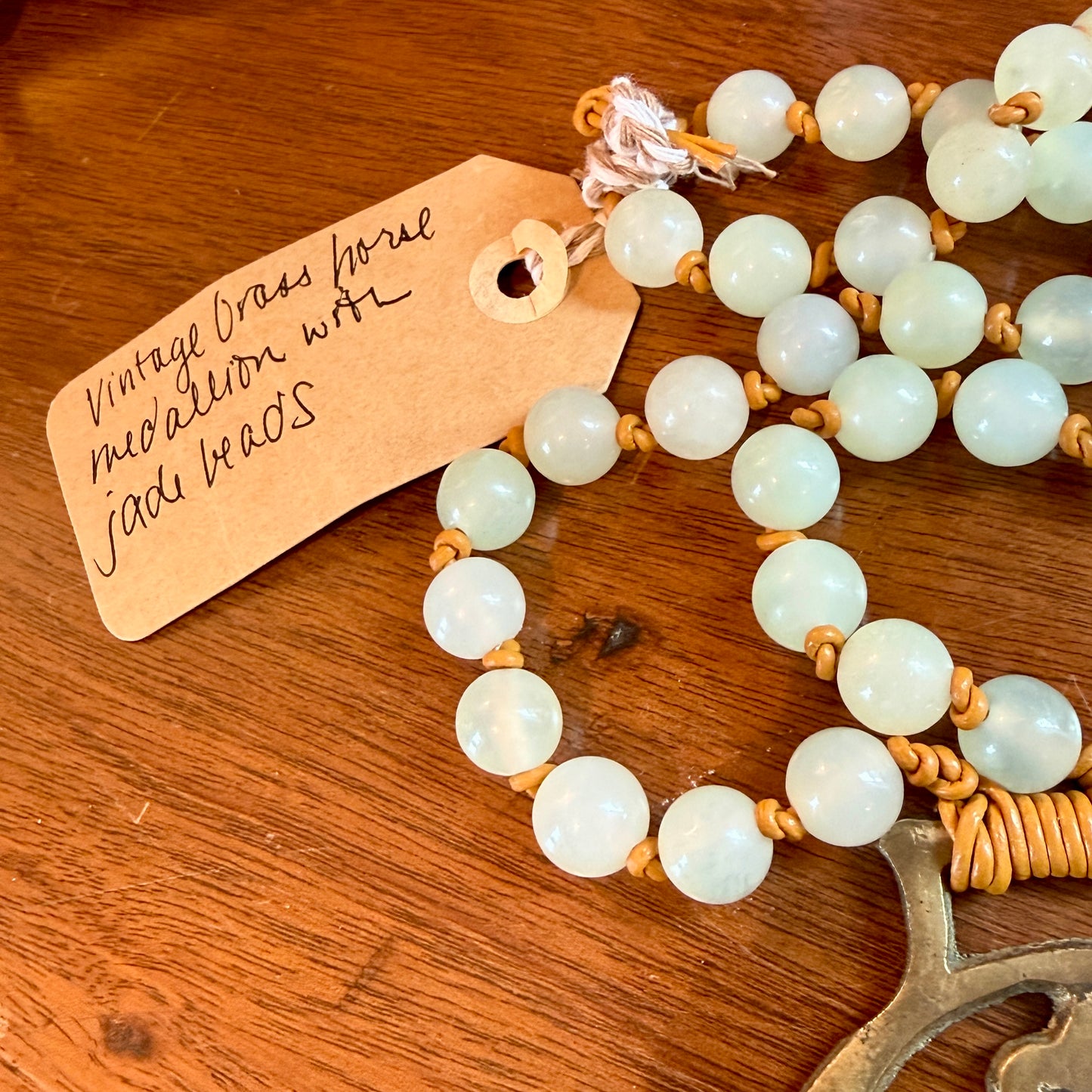 Antique English Horse Brass Thistle Medallion and Jade Beaded Hand Knotted Necklace