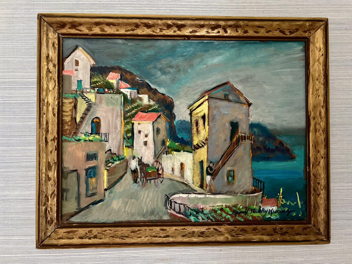 Frank Stanley Herring (American, 1894-1966) Colorful Coastal Village Oil Painting in Gold Frame