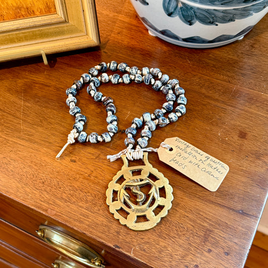 Antique English Horse Brass Achor Medallion and Blue and White Ceramic Beaded Hand Knotted Necklace
