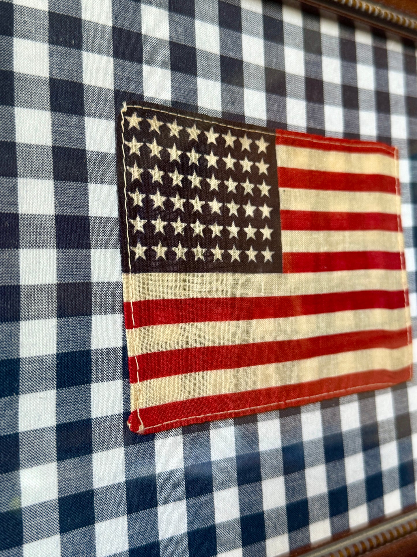 48 Star American Parade Flag on Navy Blue Gingham in Wood Beaded Frame