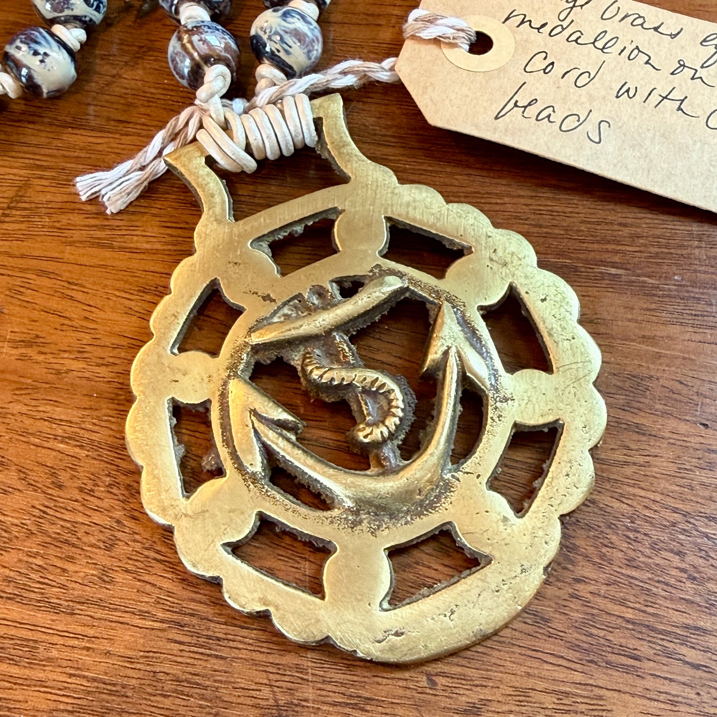 Antique English Horse Brass Achor Medallion and Blue and White Ceramic Beaded Hand Knotted Necklace