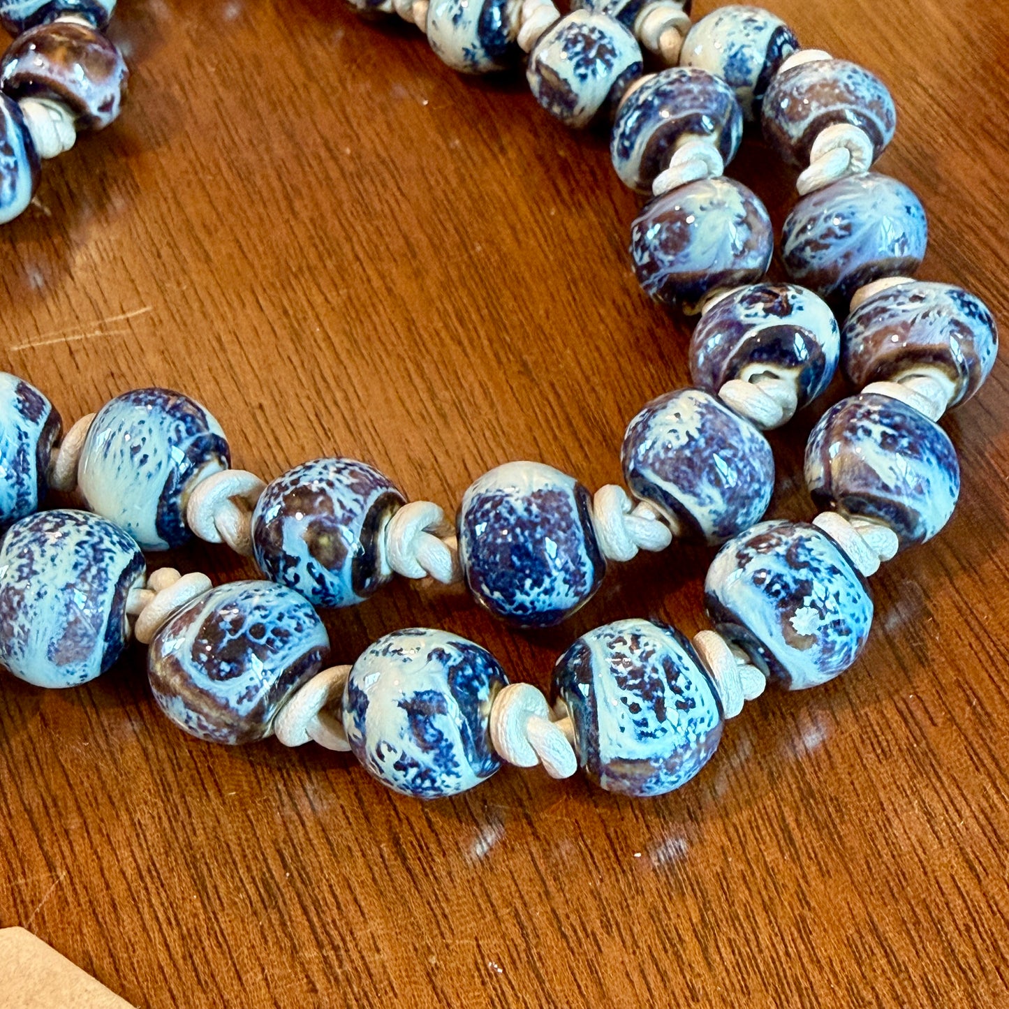 Antique English Horse Brass Achor Medallion and Blue and White Ceramic Beaded Hand Knotted Necklace