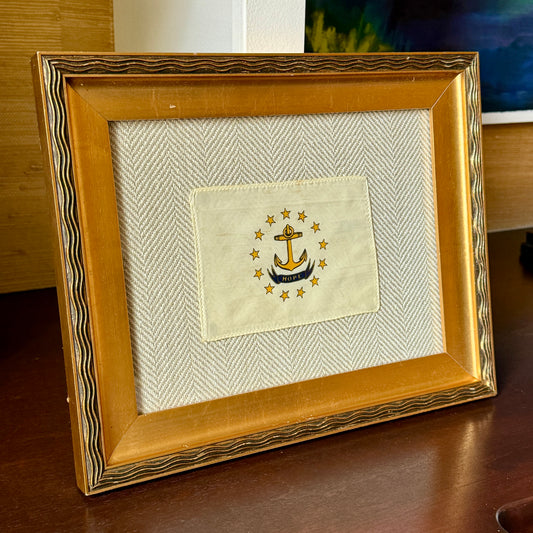 Vintage State of Rhode Island Parade Flag on Tan Herringbone in Wavy Gold Frame