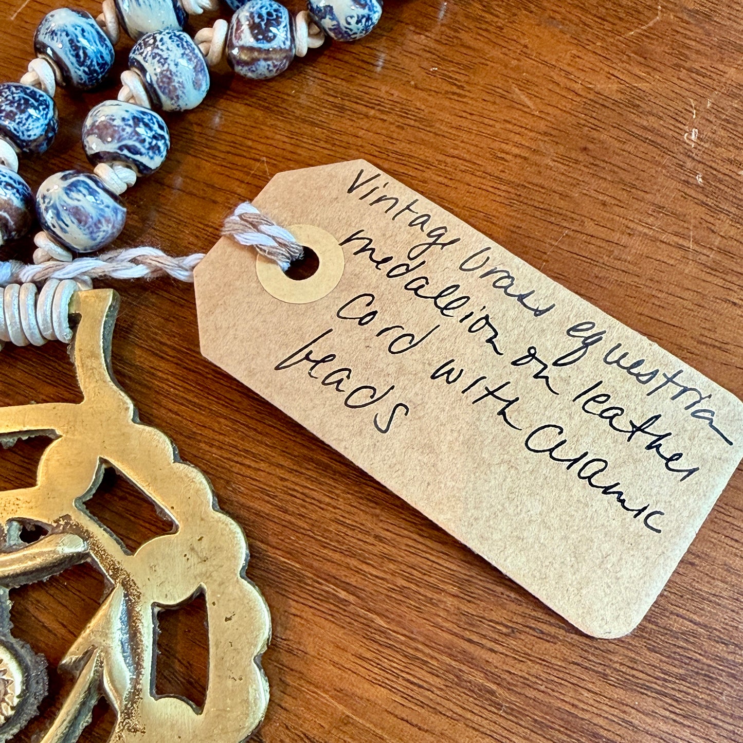 Antique English Horse Brass Achor Medallion and Blue and White Ceramic Beaded Hand Knotted Necklace