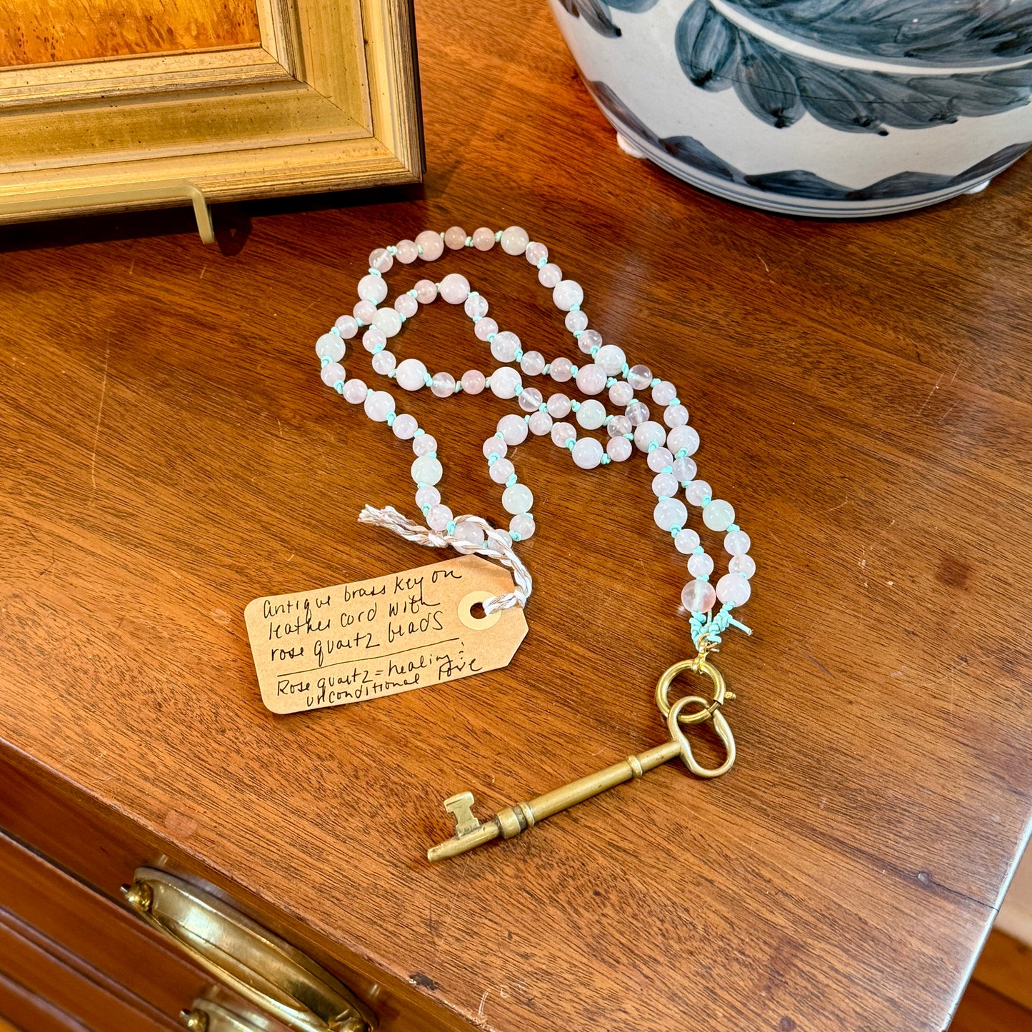 Antique Brass Key and Rose Quartz Beaded Hand Knotted Necklace