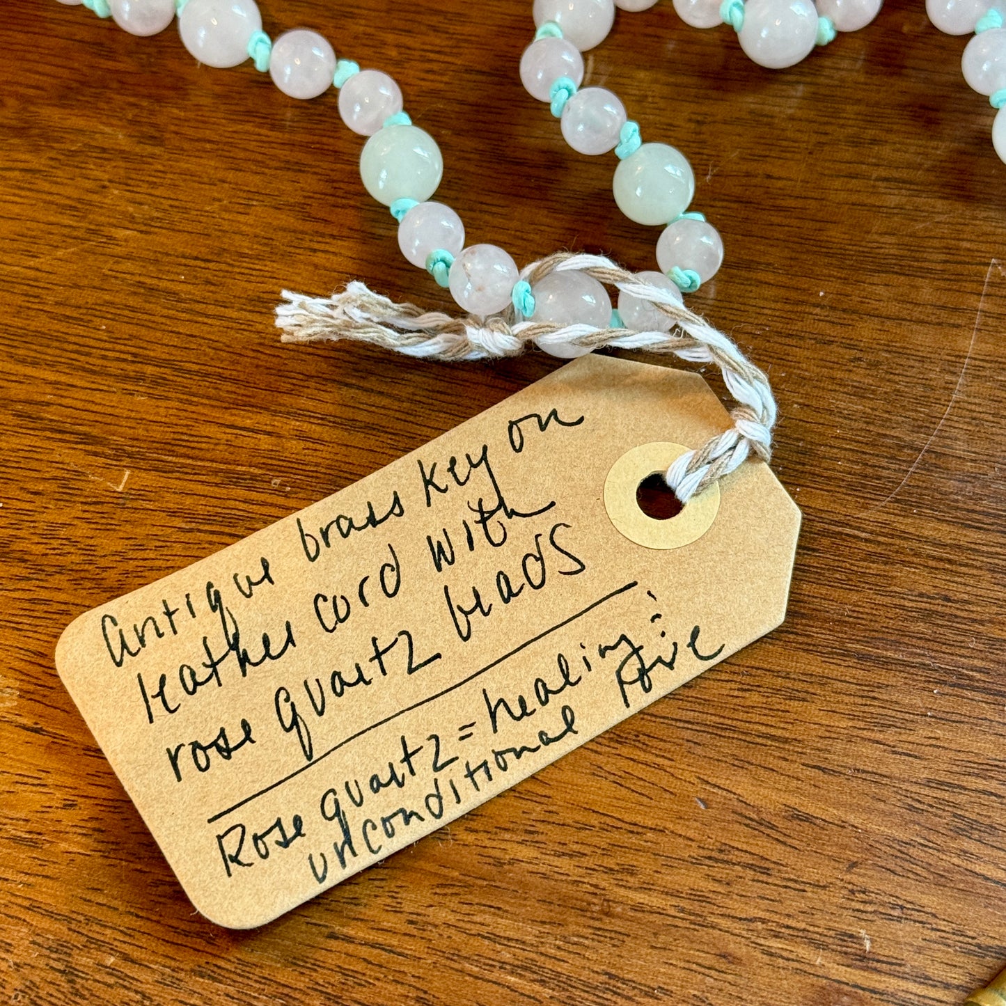 Antique Brass Key and Rose Quartz Beaded Hand Knotted Necklace