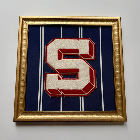 Vintage Large Varsity Initial Letter "S" on Navy White Striped Fabric in Gold Frame