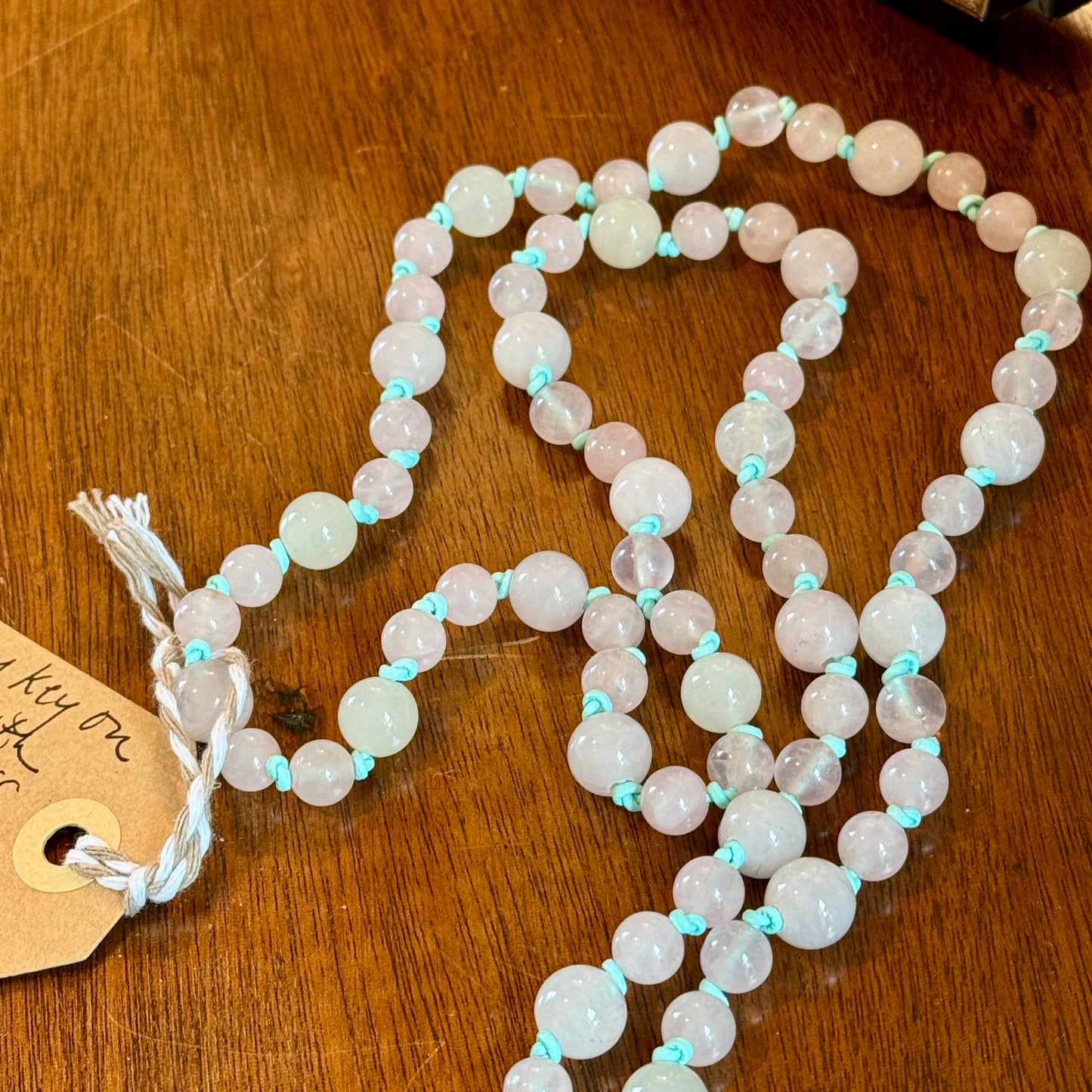 Antique Brass Key and Rose Quartz Beaded Hand Knotted Necklace