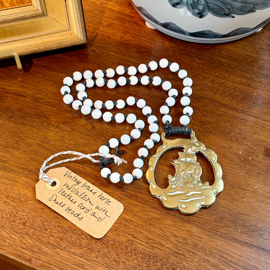Antique English Horse Brass Ship Medallion and White Shell Beaded Hand Knotted Necklace
