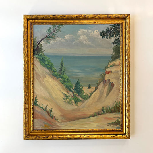 Vintage Beach Dune and Seascape Oil Painting in Gold Frame