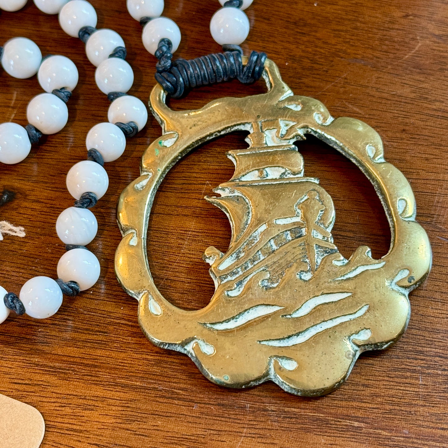 Antique English Horse Brass Ship Medallion and White Shell Beaded Hand Knotted Necklace