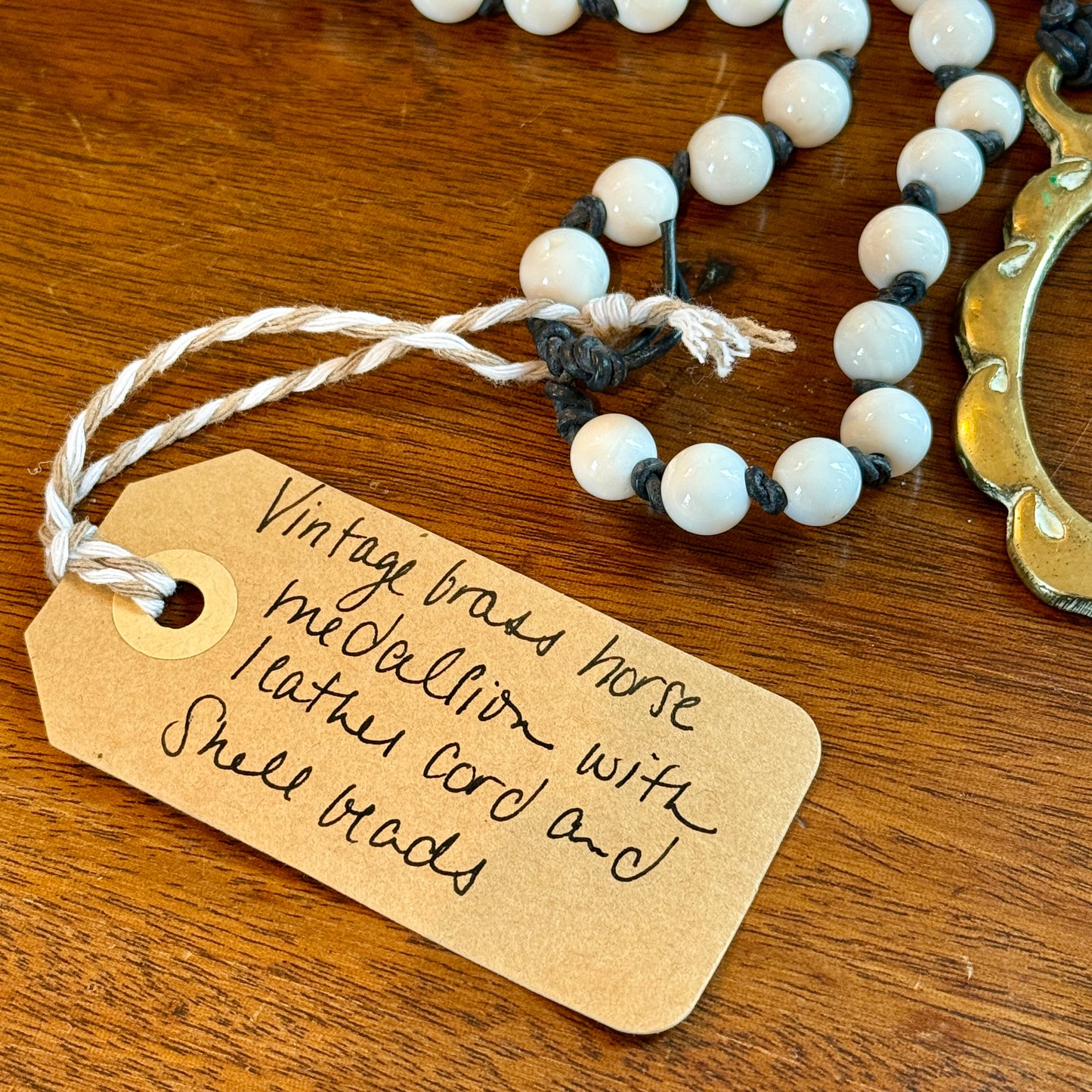 Antique English Horse Brass Ship Medallion and White Shell Beaded Hand Knotted Necklace