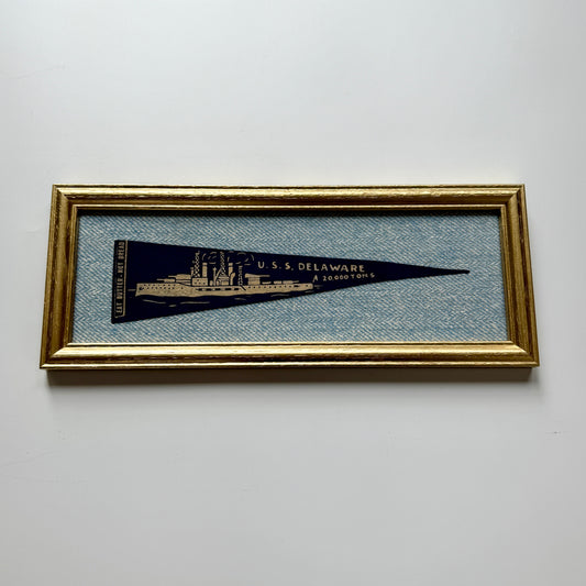 Early 20th Century U.S.S. Delaware Naval Ship Wool Pennant on Light Blue in Gold Frame