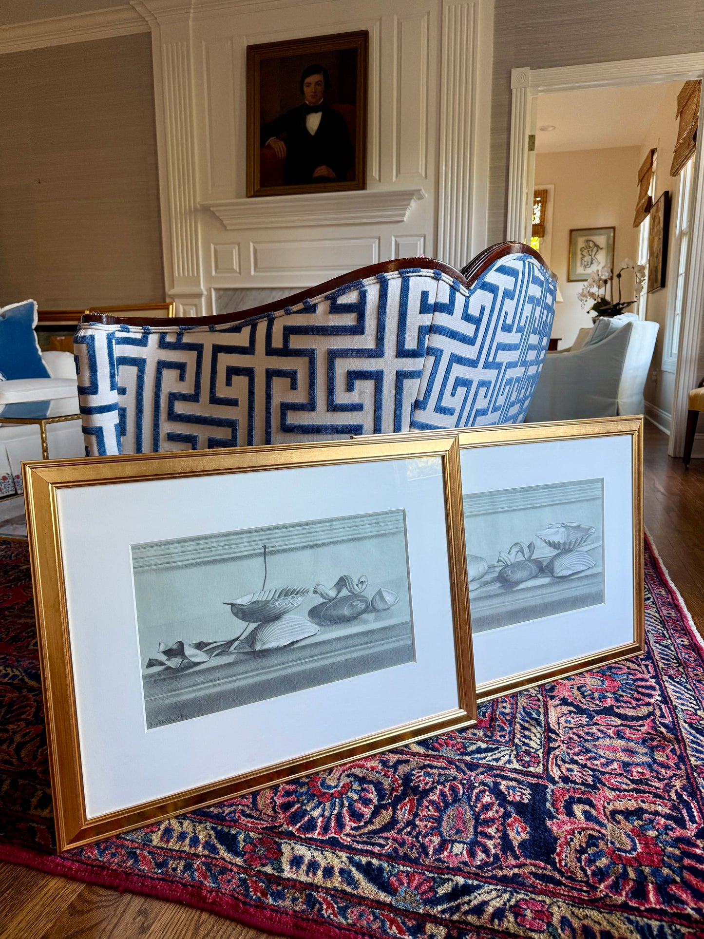 Judith Goldsmith Realist Mantelpiece II Still Life Graphite Drawing Seashells and Beach Stones in Gold Frame