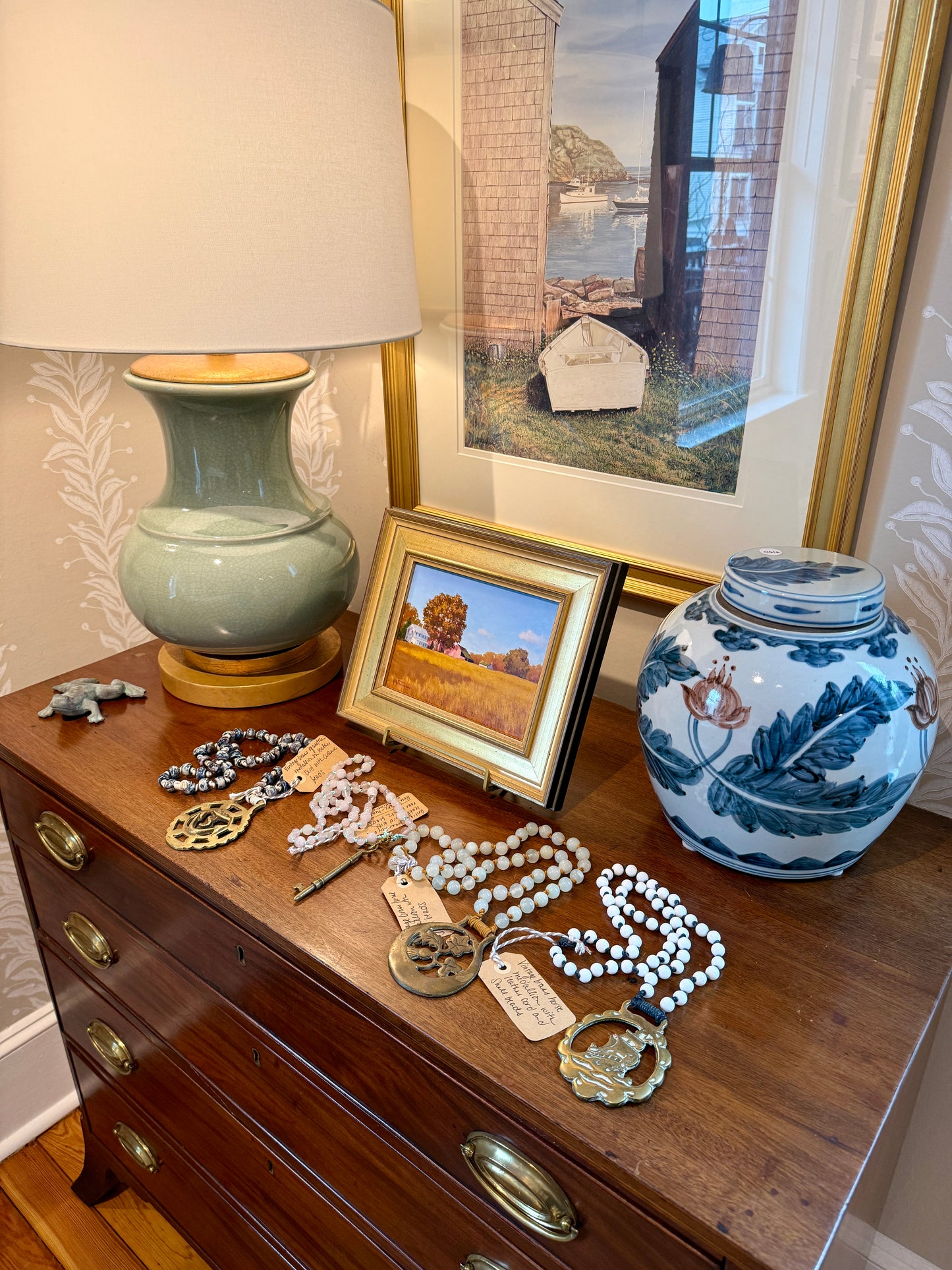 Antique English Horse Brass Achor Medallion and Blue and White Ceramic Beaded Hand Knotted Necklace