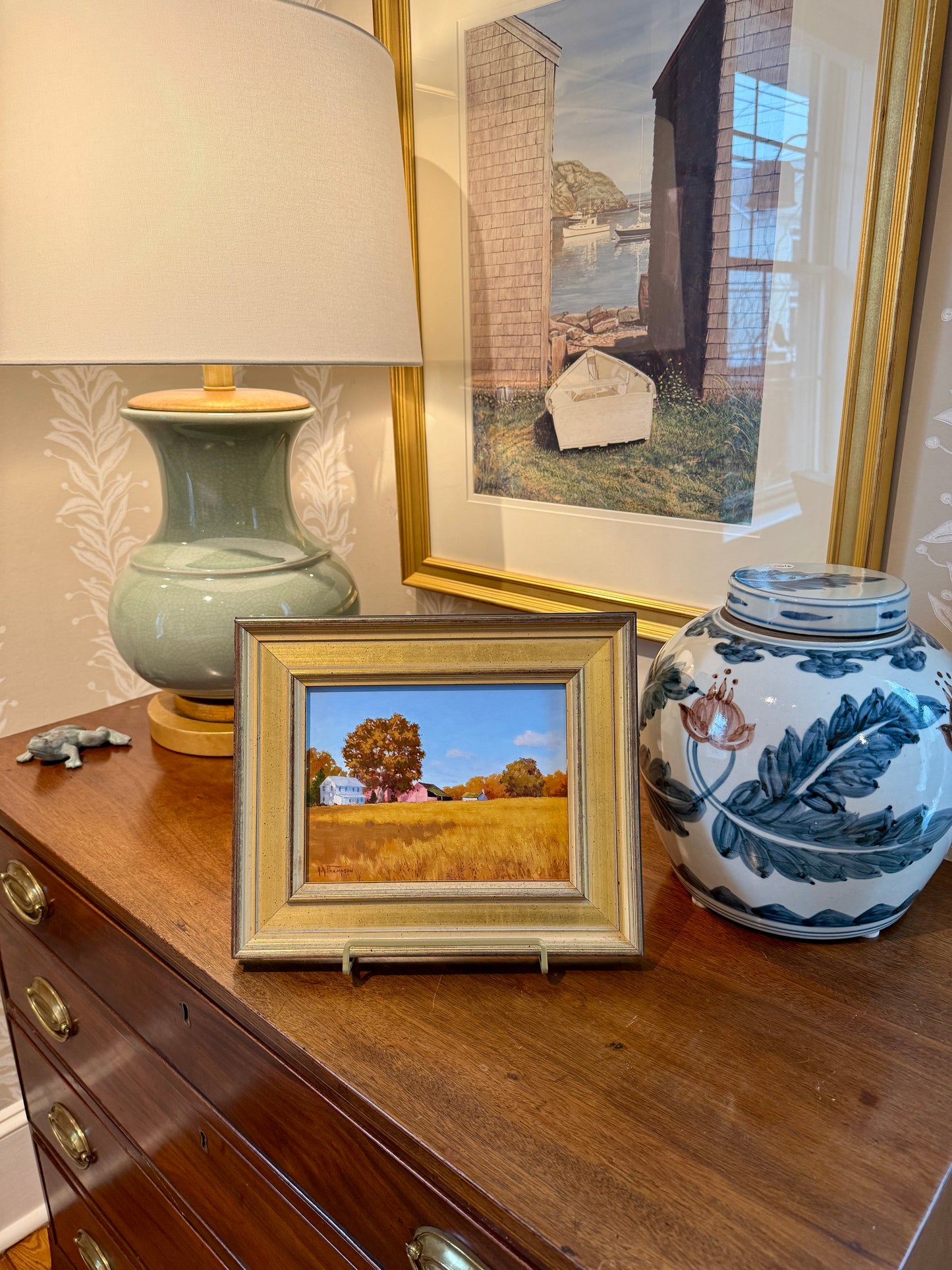 Anthony R. Thompson Pink Barn Country Landscape Oil Painting in Gold Frame