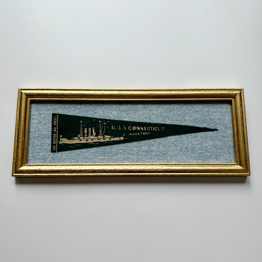 Early 20th Century U.S.S. Connecticut Naval Ship Wool Pennant on Light Blue in Gold Frame