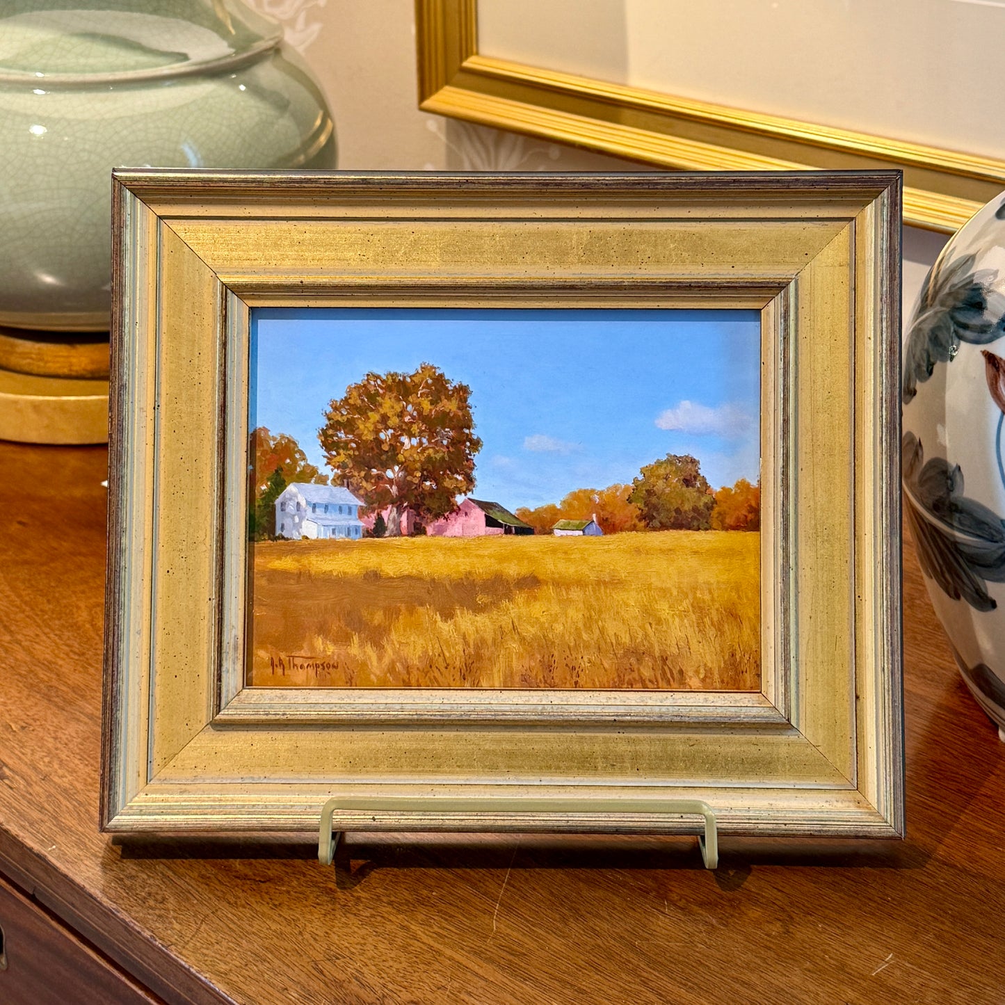 Anthony R. Thompson Pink Barn Country Landscape Oil Painting in Gold Frame