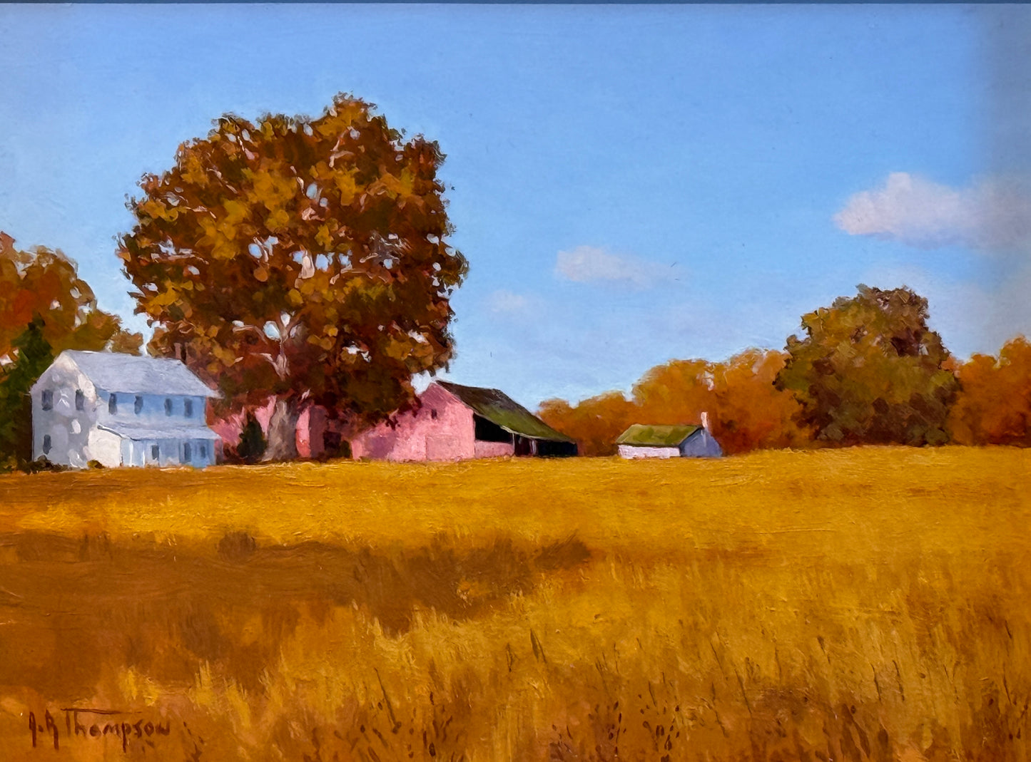 Anthony R. Thompson Pink Barn Country Landscape Oil Painting in Gold Frame