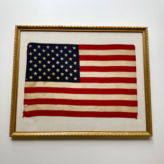 Vintage 50 Star American Flag on Ivory Duck Cloth in Gold Frame
