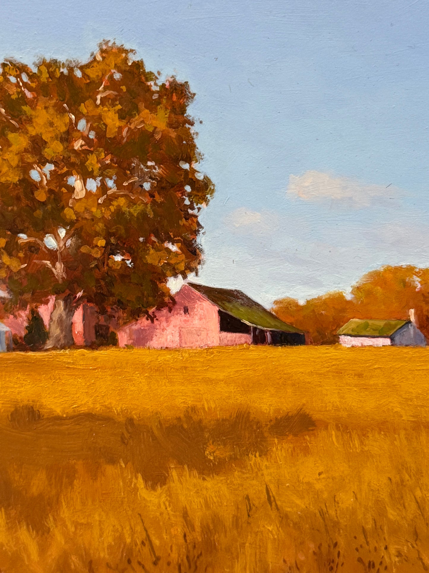 Anthony R. Thompson Pink Barn Country Landscape Oil Painting in Gold Frame