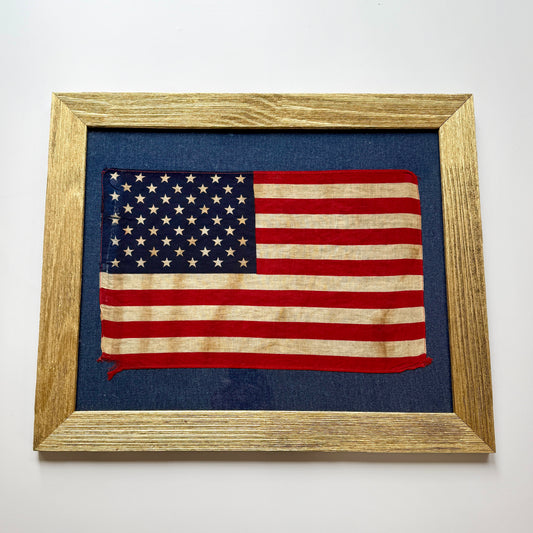 Vintage 50 Staggered Star American Flag on Blue Canvas in Gold Barnwood Frame