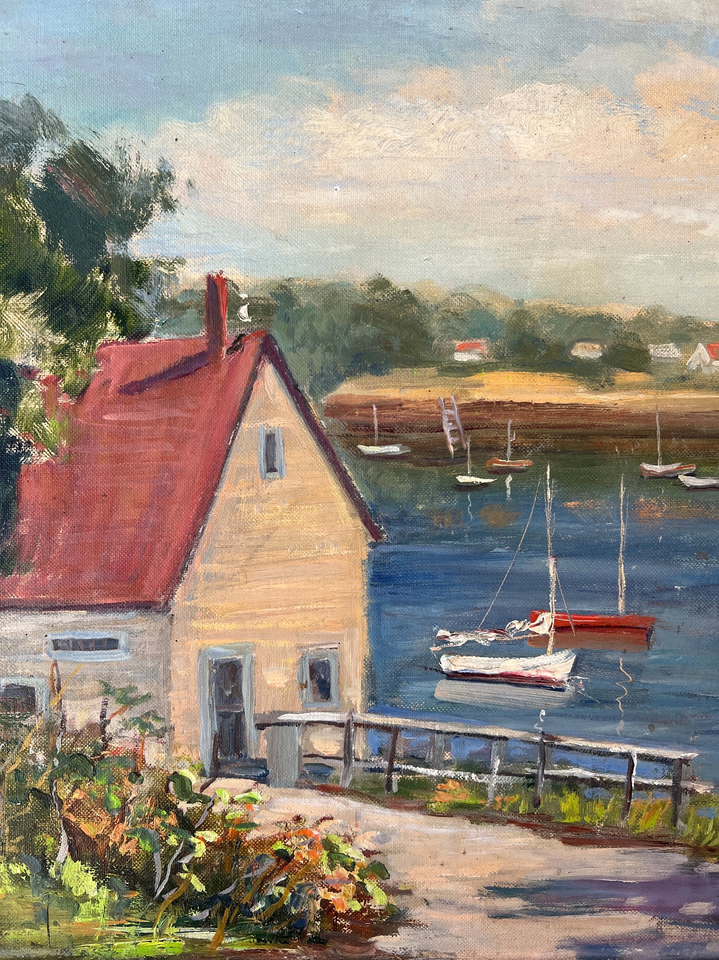 Grace van Sciver American Waterfront Landscape with Sailboats in Gold Frame