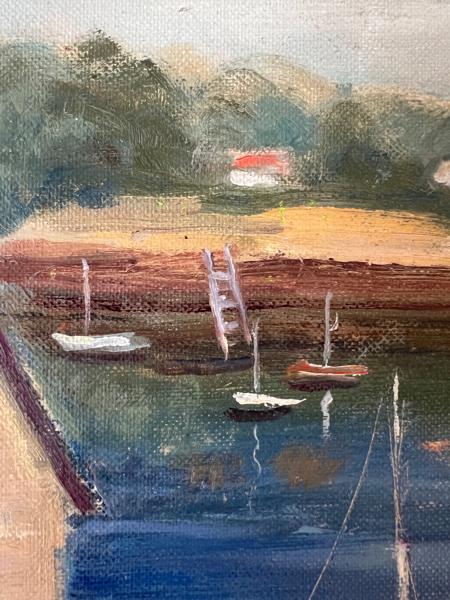 Grace van Sciver American Waterfront Landscape with Sailboats in Gold Frame