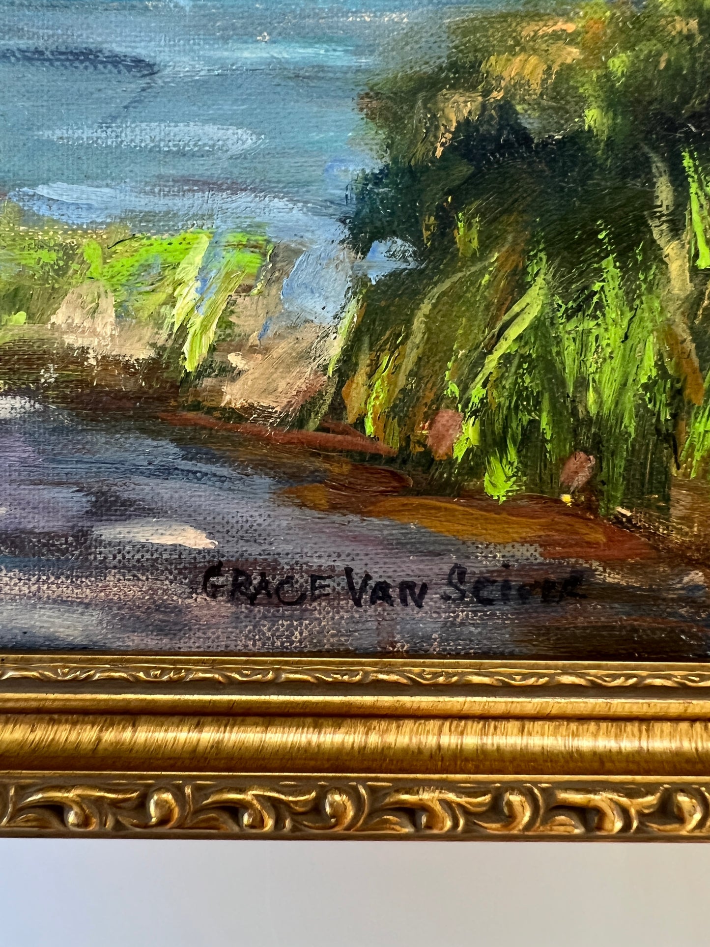 Grace van Sciver American Waterfront Landscape with Sailboats in Gold Frame