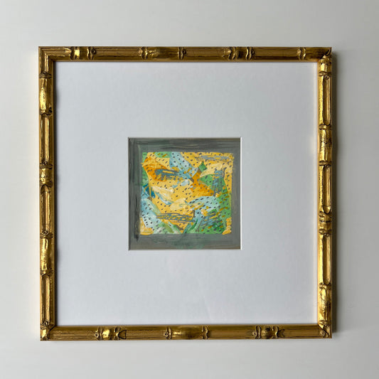 Vintage Colorful Abstract Oil Painting #5 in Light Gold Bamboo Frame