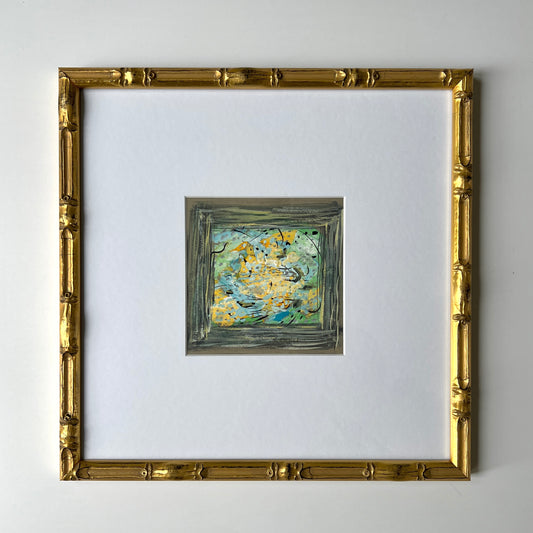 Vintage Colorful Abstract Oil Painting #6 in Light Gold Bamboo Frame