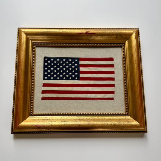 Vintage 50 Staggered Star American Flag on Natural Linen in Gold Roped Frame
