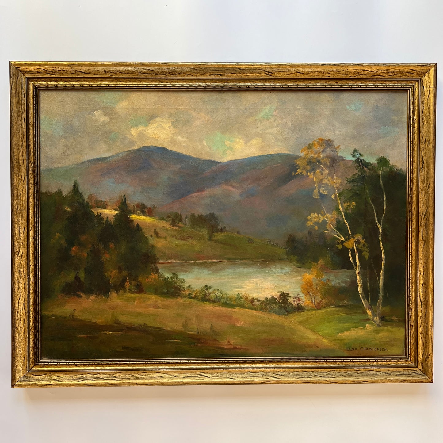 Vintage Elva Christensen Mountain Landscape Oil Painting in Gold Frame