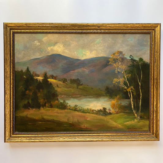 Vintage Elva Christensen Mountain Landscape Oil Painting in Gold Frame