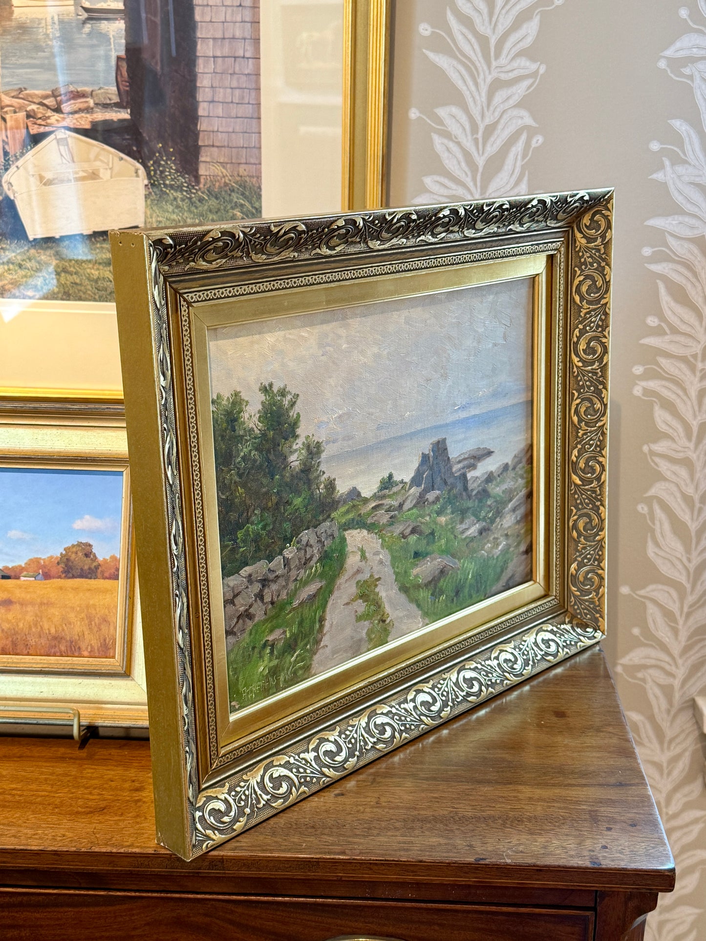 Alfred Gregers-Rasmussen Path to the Sea Coastal Landscape Oil Painting in Gold Frame