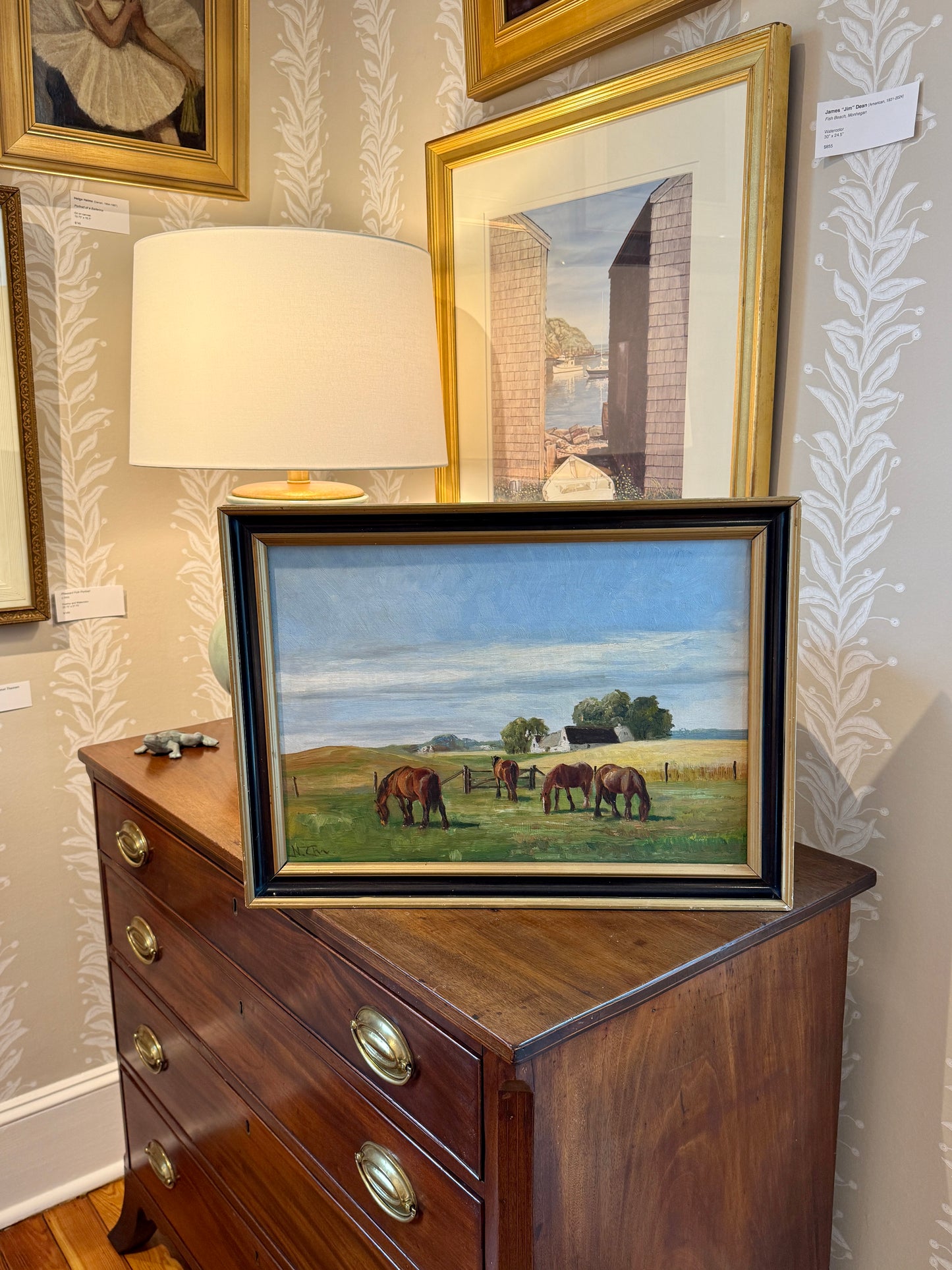 Niels Christiansen Grazing Horses in Farm Landscape Oil Painting in Black and Gold Frame