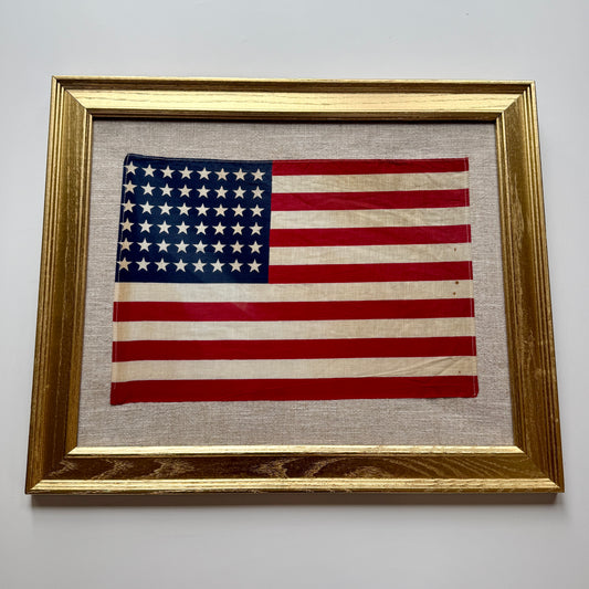 Vintage 48 Star American Flag on Natural Linen in Gold Barn Wood Frame