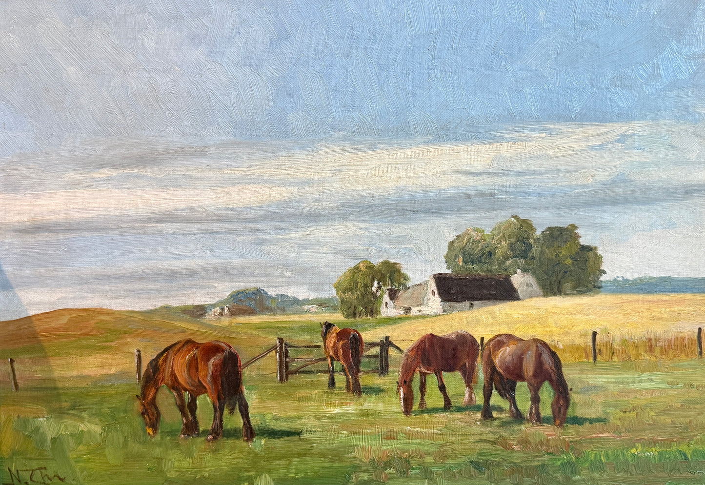 Niels Christiansen Grazing Horses in Farm Landscape Oil Painting in Black and Gold Frame
