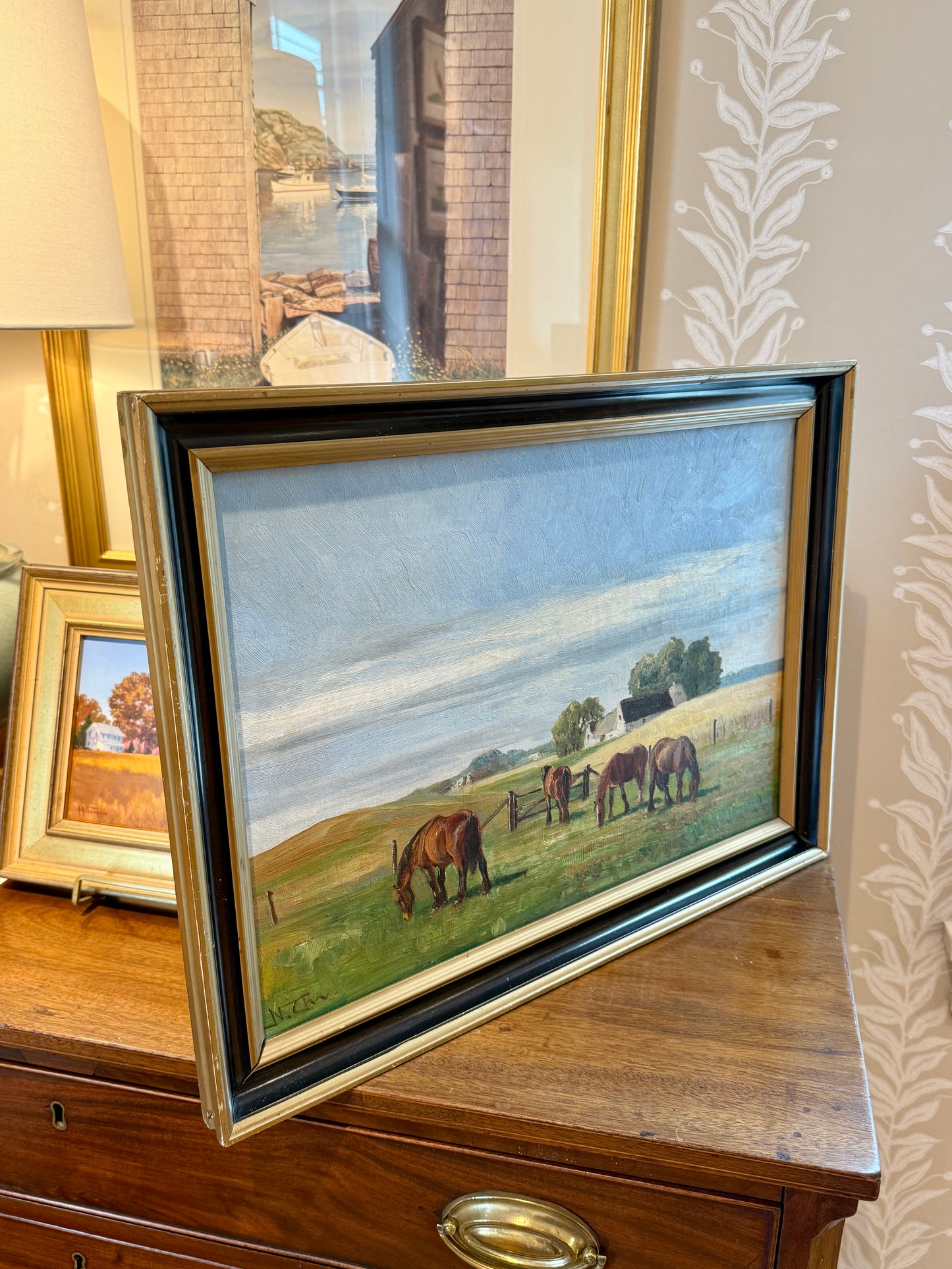 Niels Christiansen Grazing Horses in Farm Landscape Oil Painting in Black and Gold Frame