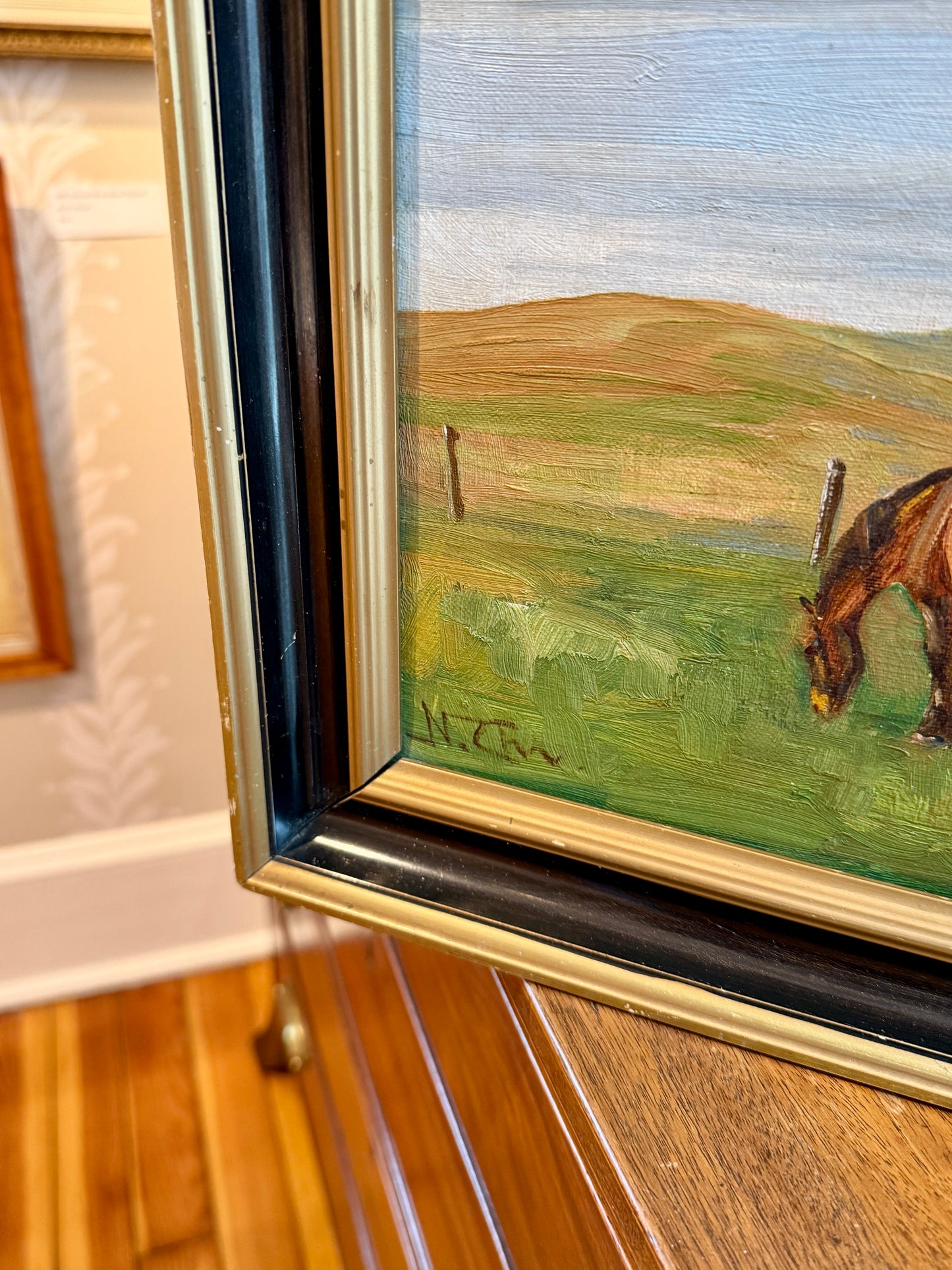 Niels Christiansen Grazing Horses in Farm Landscape Oil Painting in Black and Gold Frame