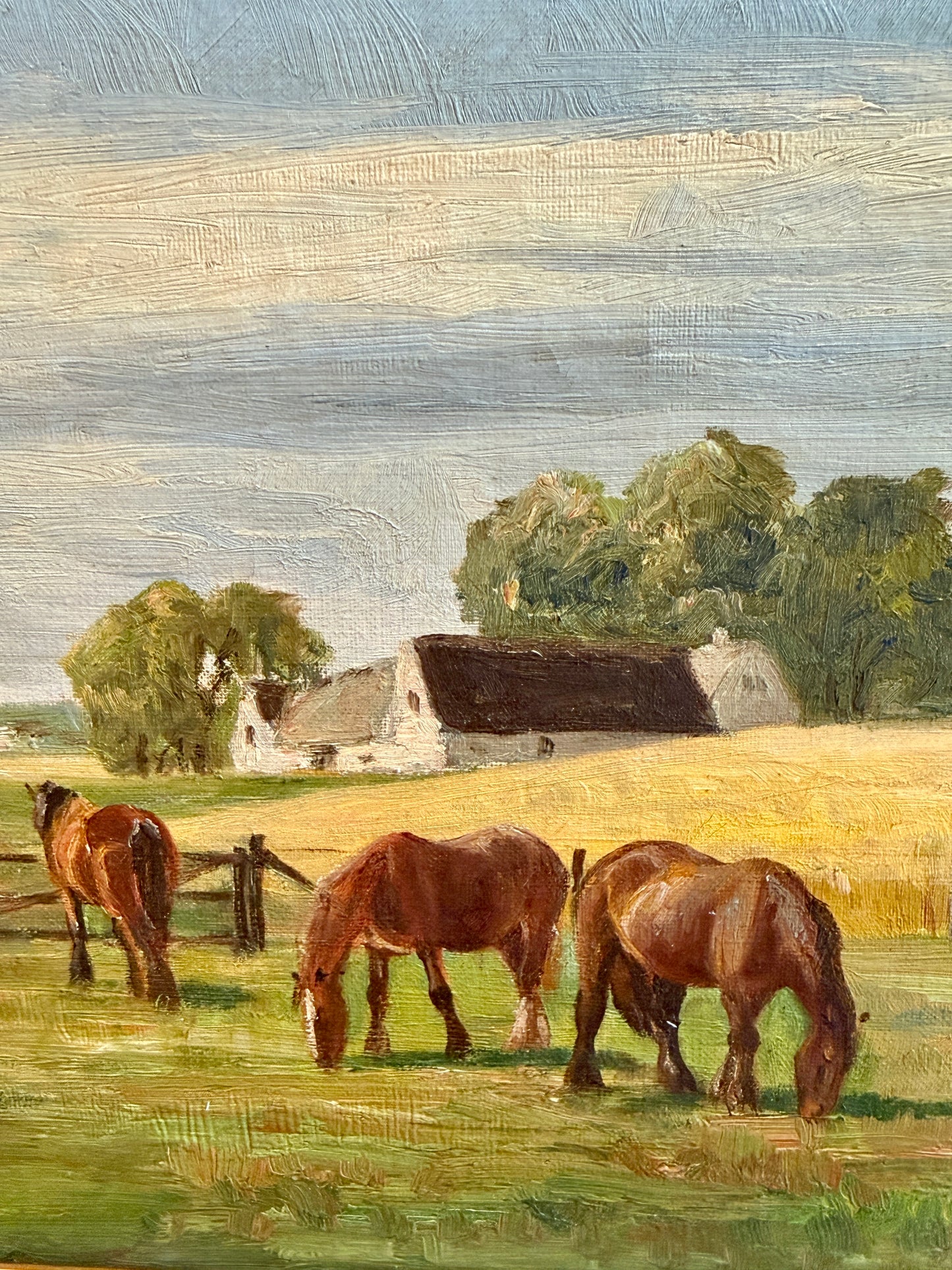 Niels Christiansen Grazing Horses in Farm Landscape Oil Painting in Black and Gold Frame