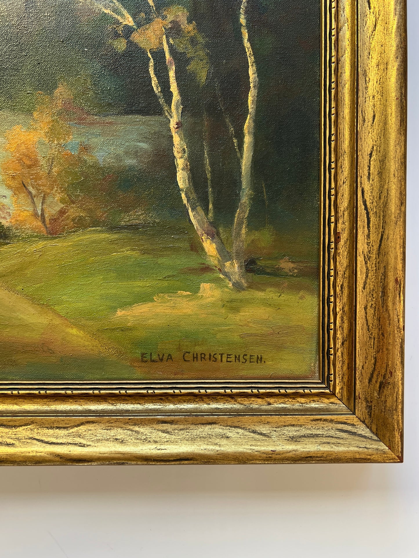 Vintage Elva Christensen Mountain Landscape Oil Painting in Gold Frame