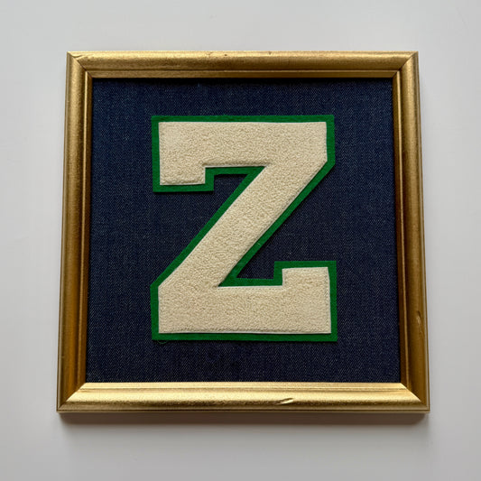 Vintage Green Varsity Letter "Z" on Navy Blue Fabric in Gold Frame